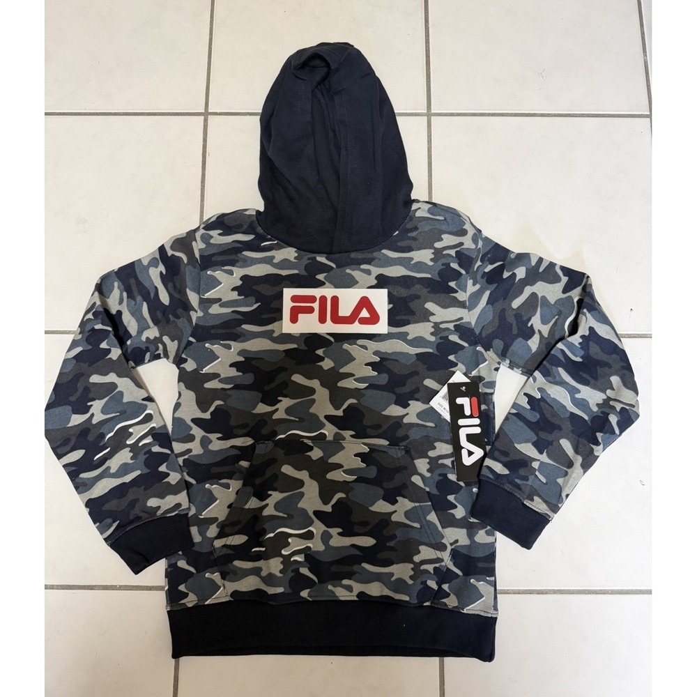 FILA Blue Camouflage Hoodie Sweatshirt Kids Size M (10/12 ) Gray Blue Red NWT